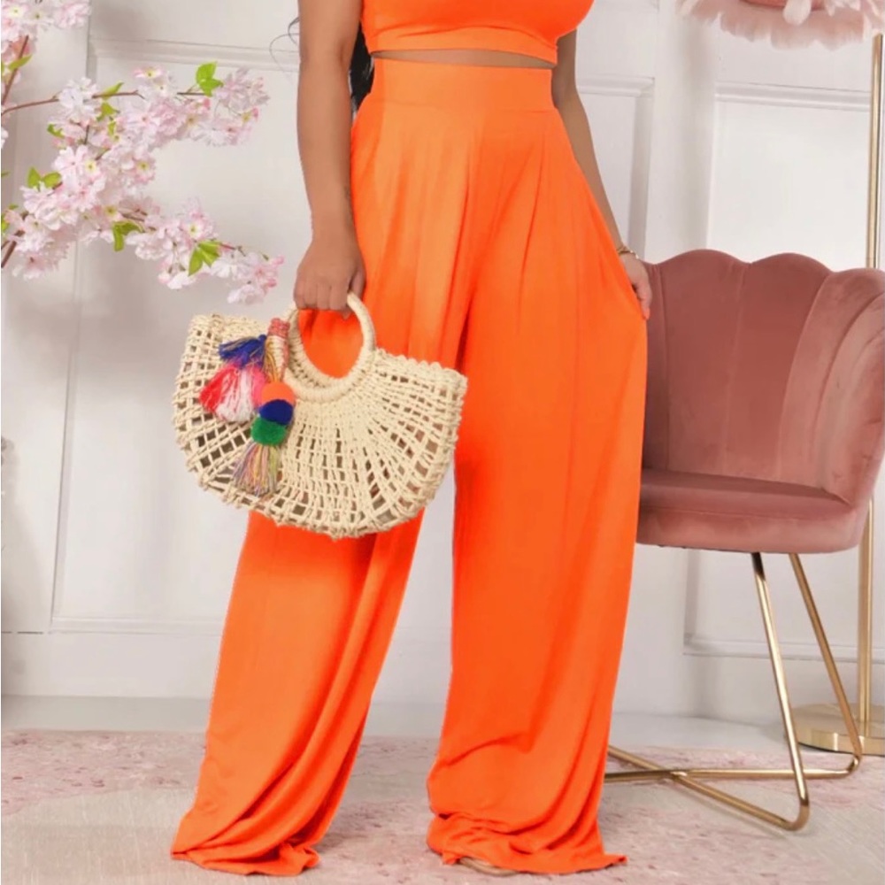 Two piece set  crop top with high waist pants  orange